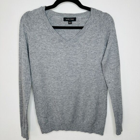Love Tree Gray V-Neck Long Sleeve Pullover Sweater Banded Hem Thin Jumper Small - Picture 1 of 10